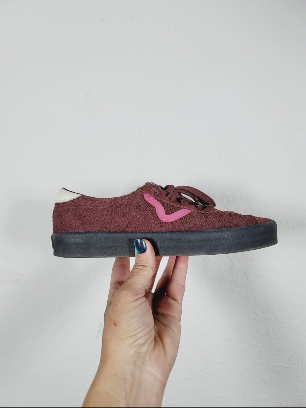 Vans Burgundy Suede Low-Top Sneaker with Pink Accent, Size 7